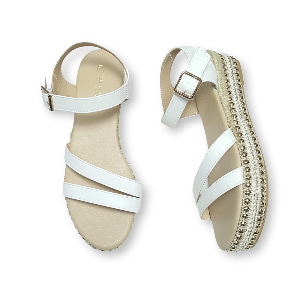 Olivia & Kate Espadrille White/Gold Studded Platform Sandals